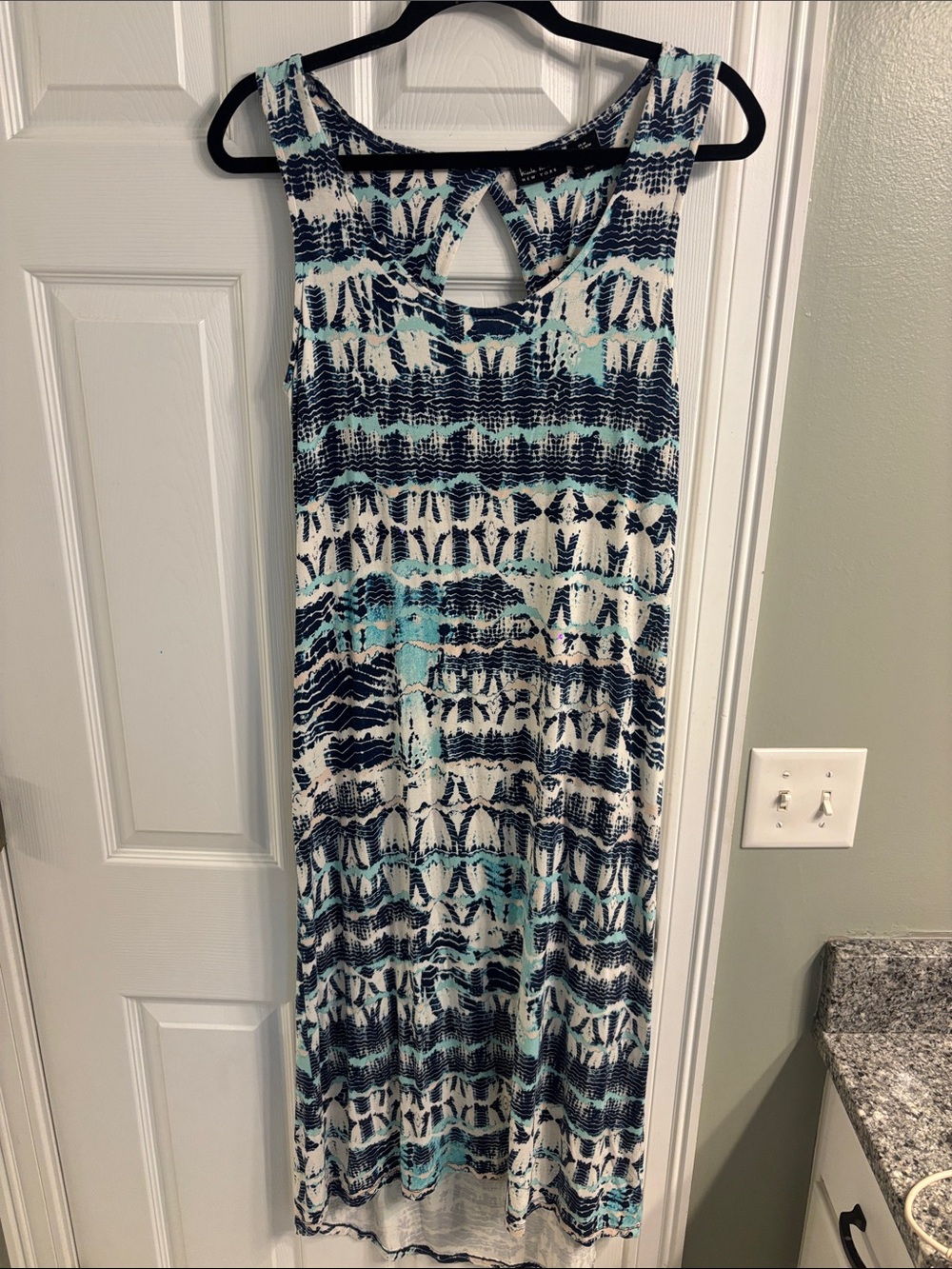 Nicole Miller Aqua, Navy and White Patterned Sleeveless Maxi Dress